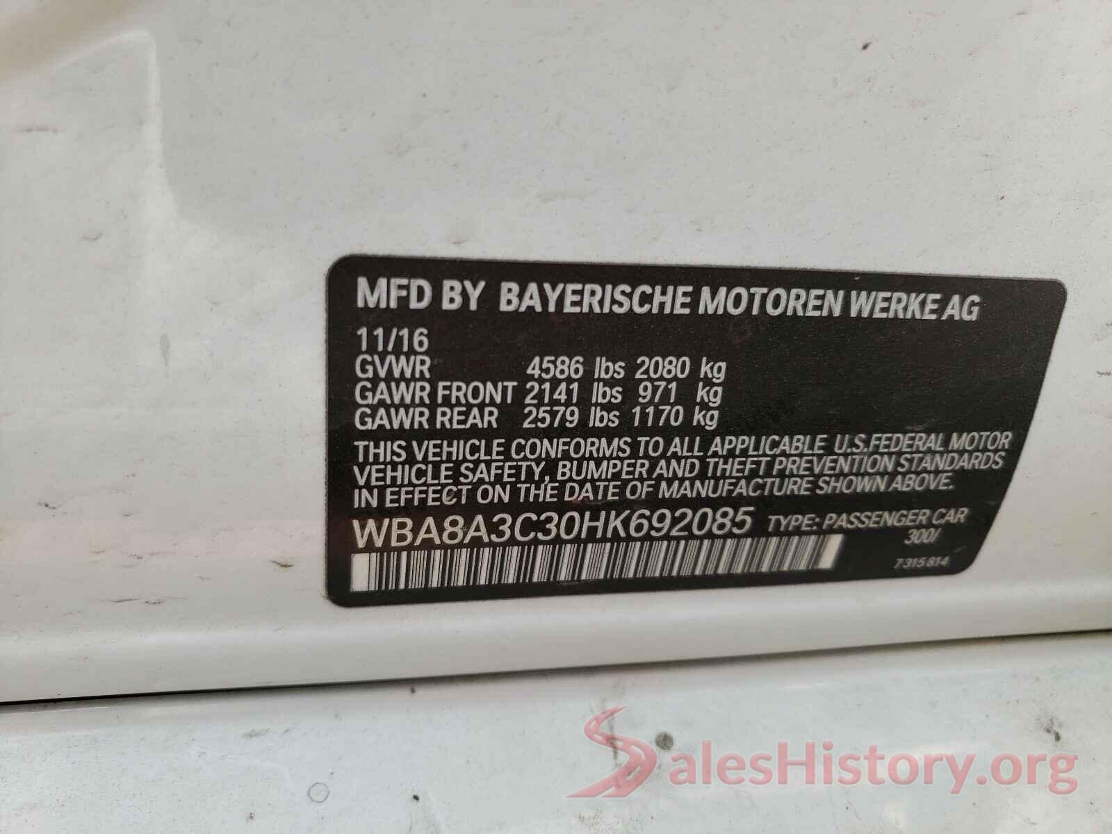 WBA8A3C30HK692085 2017 BMW 3 SERIES