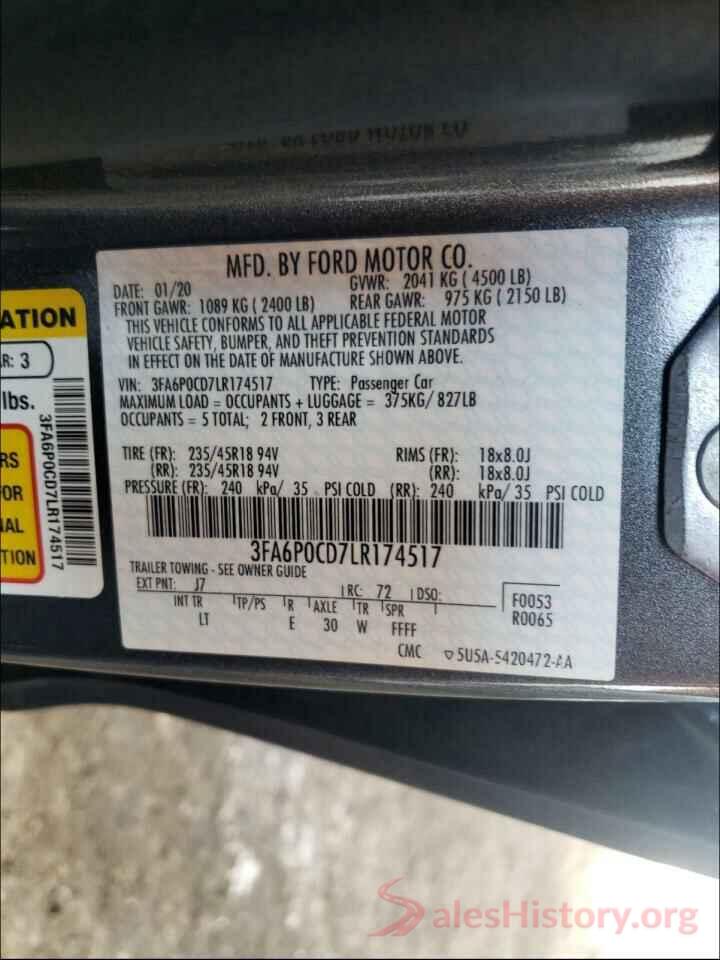 3FA6P0CD7LR174517 2020 FORD FUSION