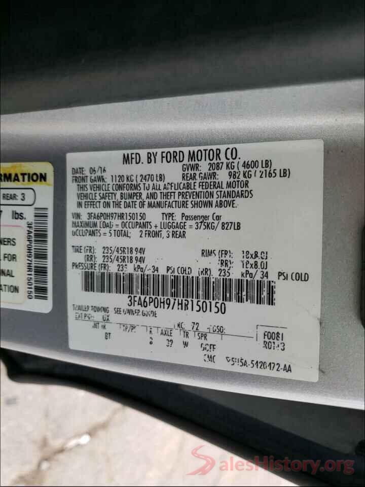 3FA6P0H97HR150150 2017 FORD FUSION