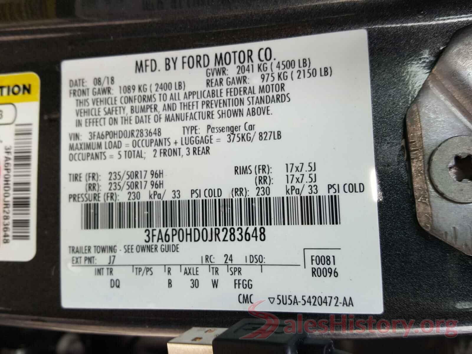 3FA6P0HD0JR283648 2018 FORD FUSION