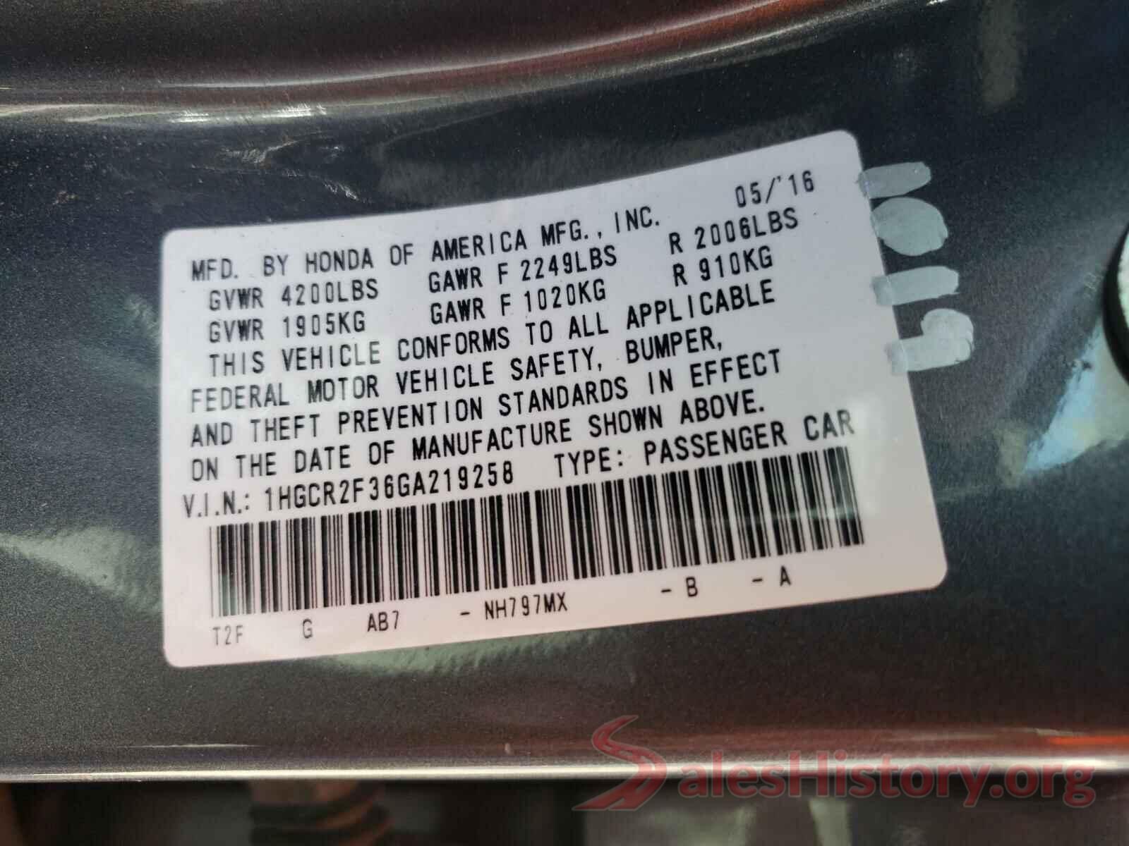 1HGCR2F36GA219258 2016 HONDA ACCORD