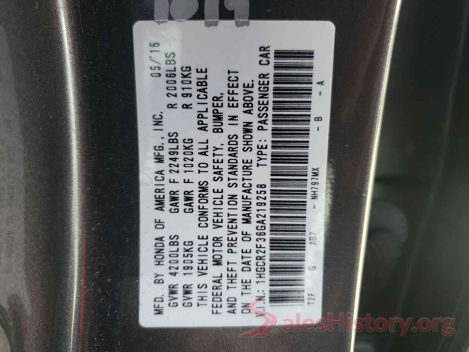 1HGCR2F36GA219258 2016 HONDA ACCORD