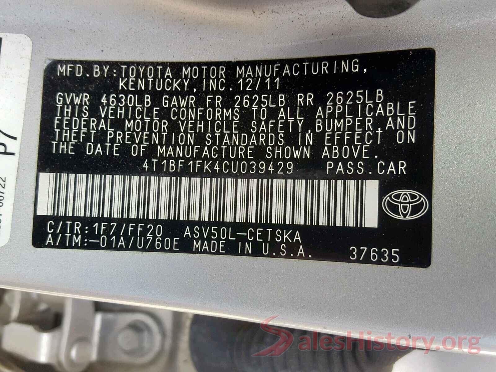 4T1BF1FK4CU039429 2012 TOYOTA CAMRY BASE