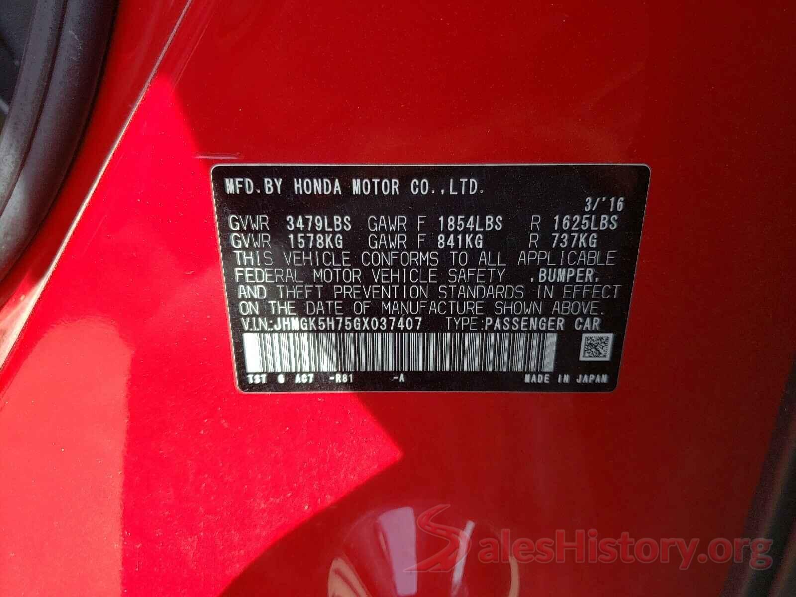 JHMGK5H75GX037407 2016 HONDA FIT