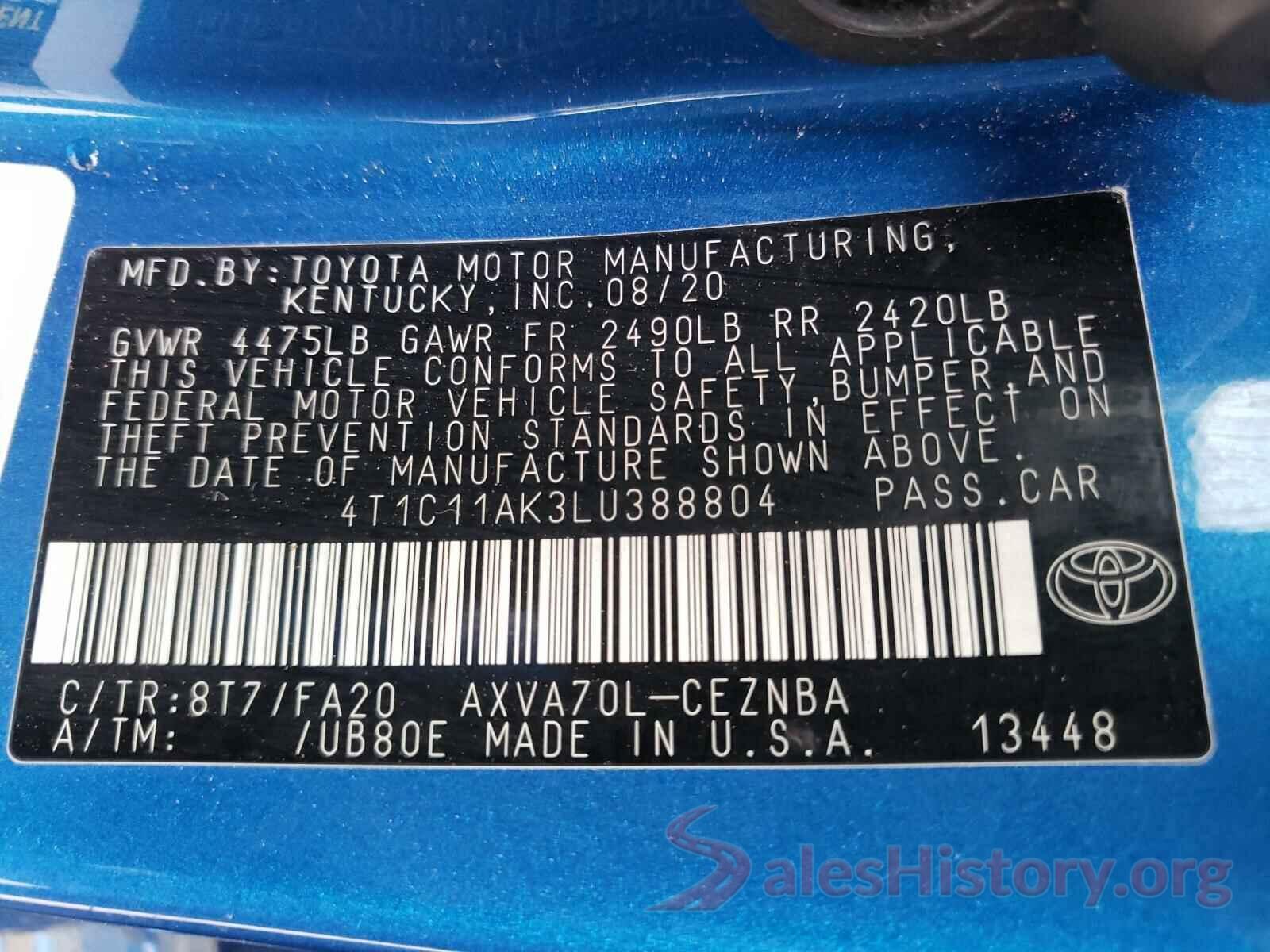 4T1C11AK3LU388804 2020 TOYOTA CAMRY