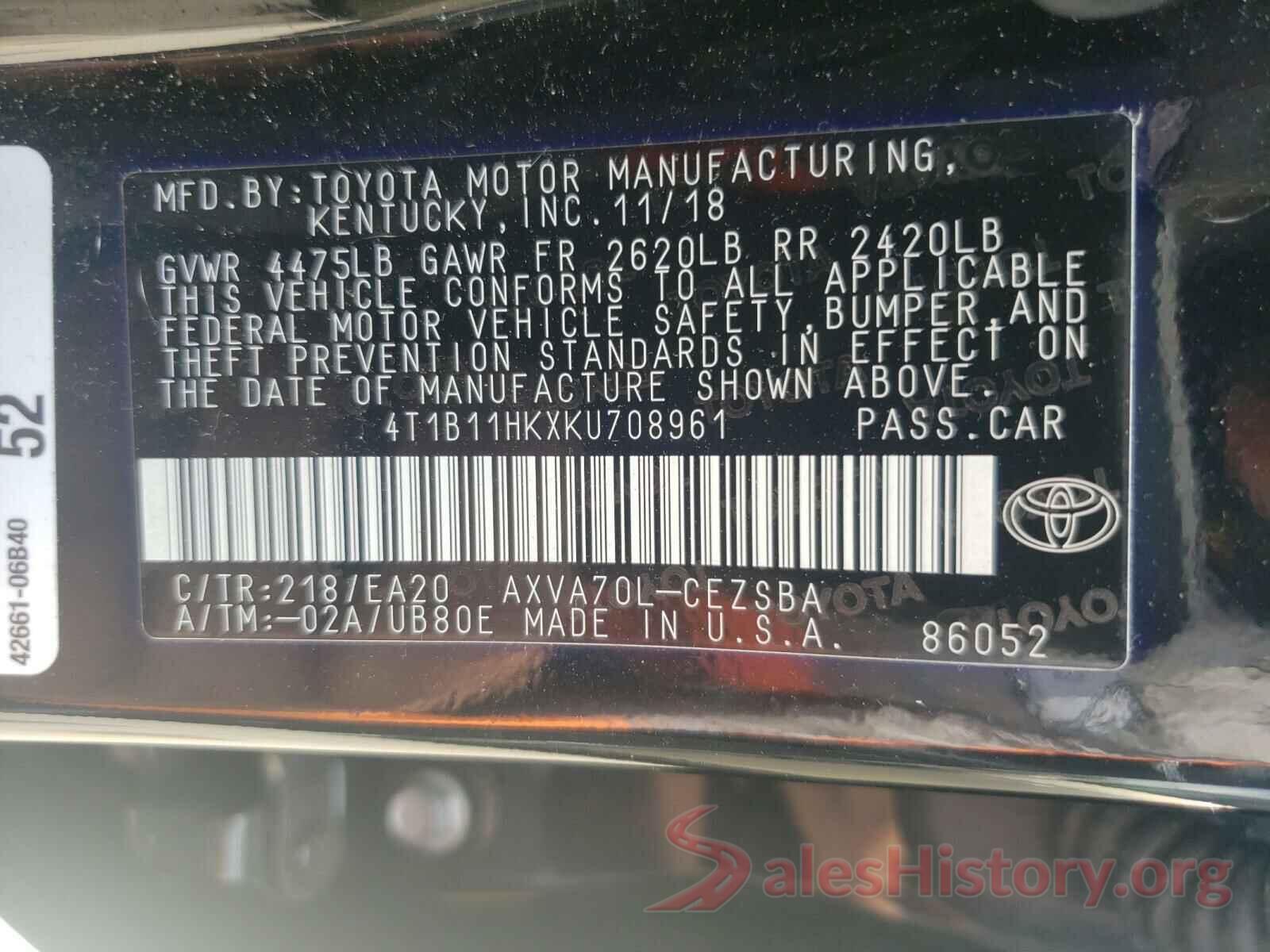 4T1B11HKXKU708961 2019 TOYOTA CAMRY