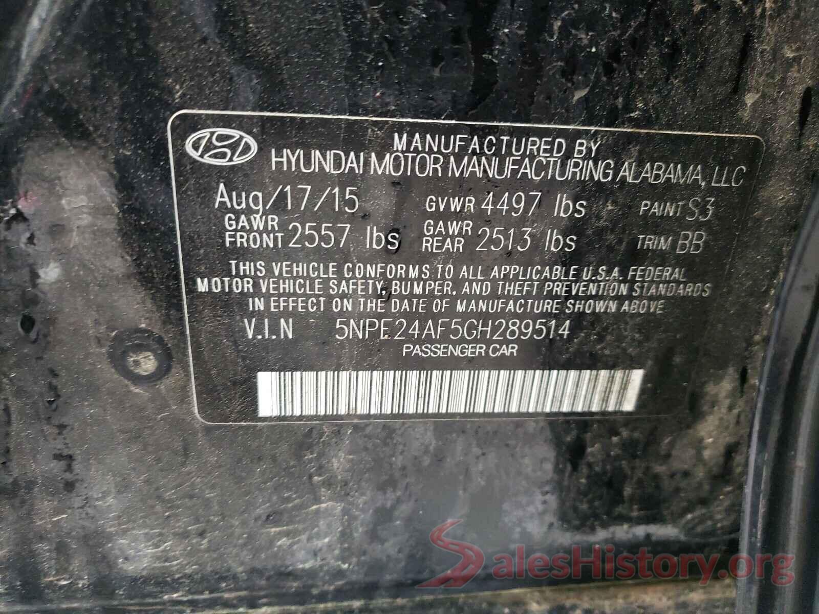 5NPE24AF5GH289514 2016 HYUNDAI SONATA