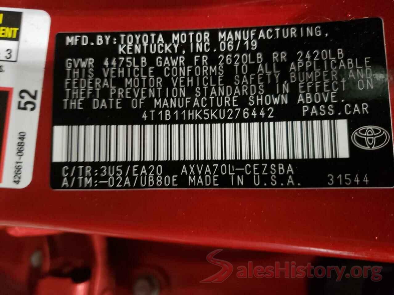 4T1B11HK5KU276442 2019 TOYOTA CAMRY