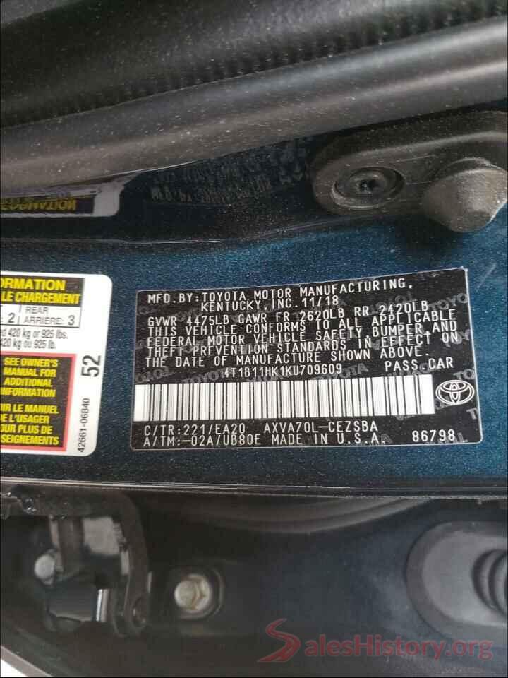 4T1B11HK1KU709609 2019 TOYOTA CAMRY