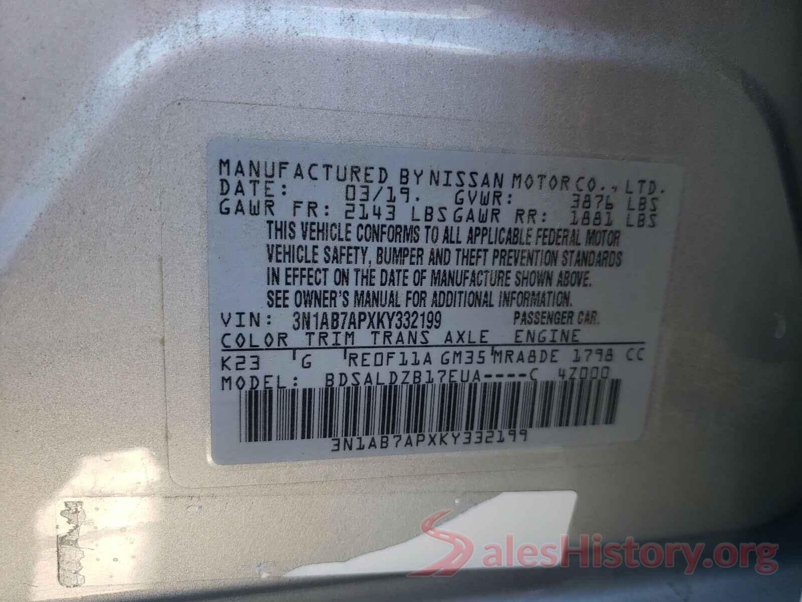 3N1AB7APXKY332199 2019 NISSAN SENTRA