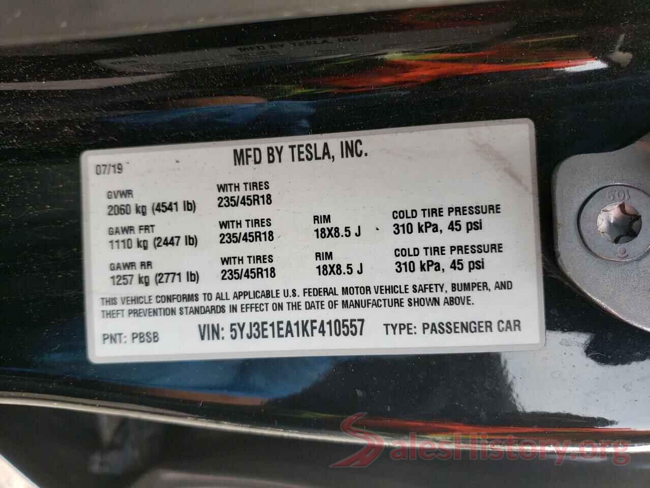 5YJ3E1EA1KF410557 2019 TESLA MODEL 3