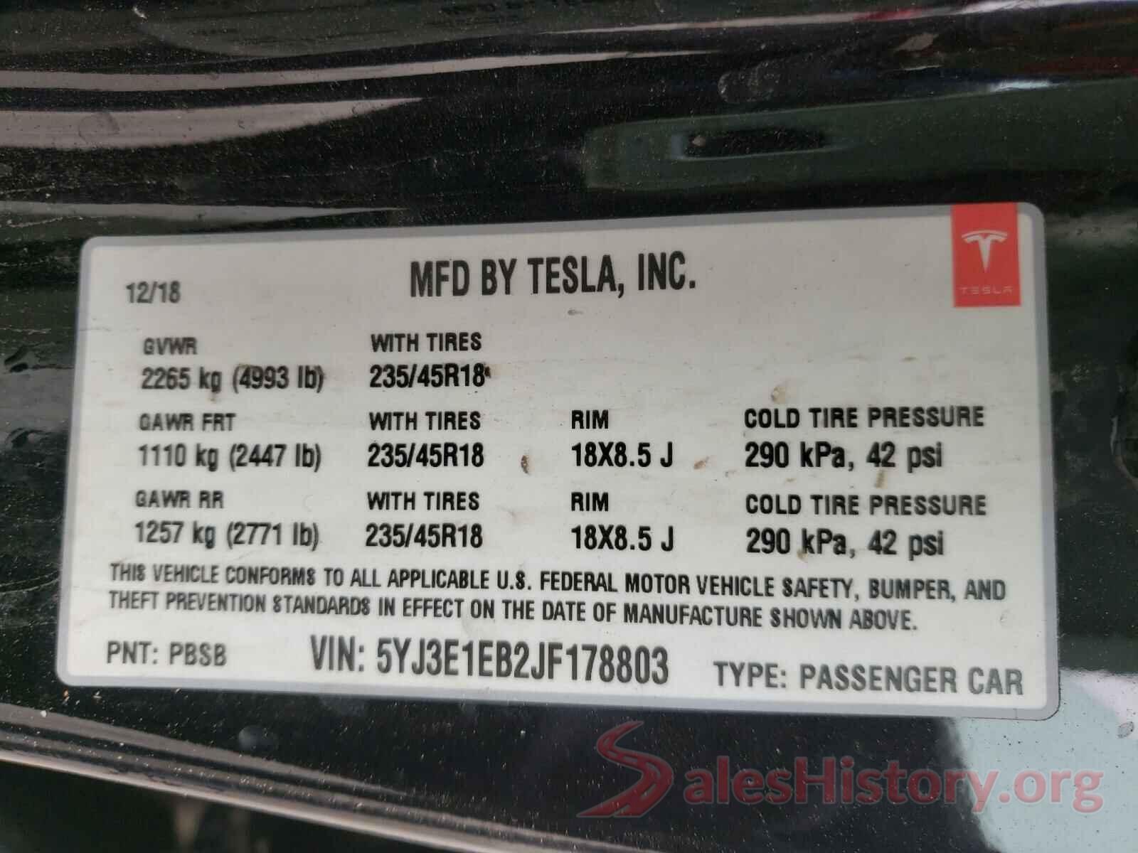 5YJ3E1EB2JF178803 2018 TESLA MODEL 3