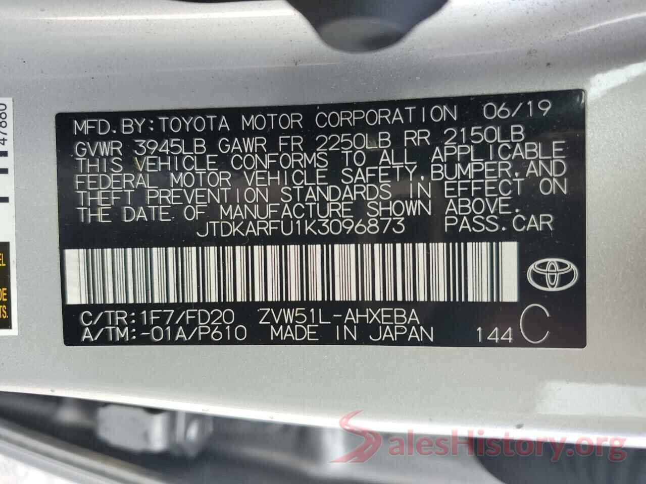 JTDKARFU1K3096873 2019 TOYOTA PRIUS