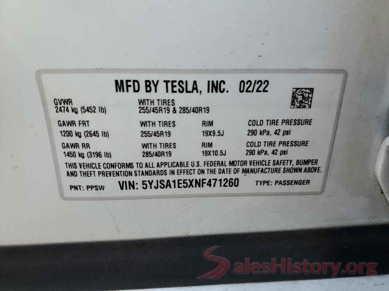 5YJSA1E5XNF471260 2022 TESLA MODEL S