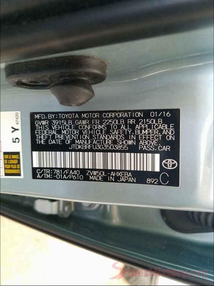 JTDKBRFU3G3503855 2016 TOYOTA PRIUS