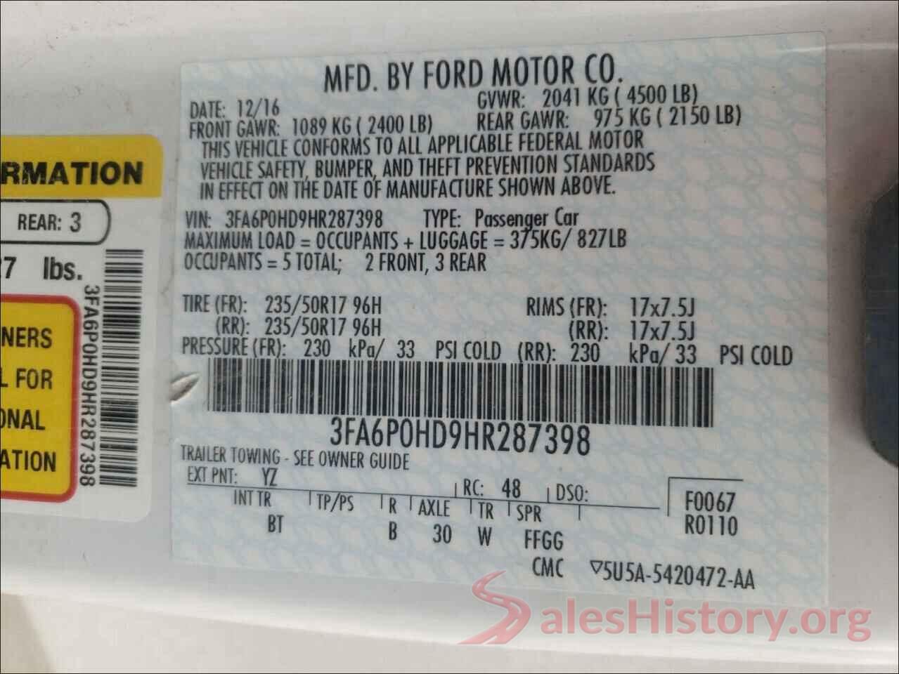 3FA6P0HD9HR287398 2017 FORD FUSION