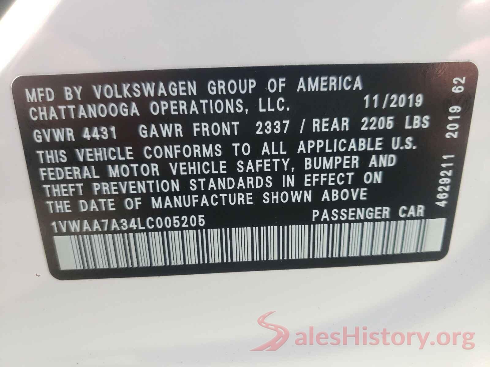 1VWAA7A34LC005205 2020 VOLKSWAGEN PASSAT