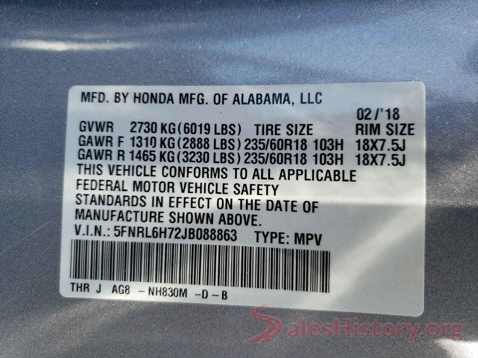 5FNRL6H72JB088863 2018 HONDA ODYSSEY