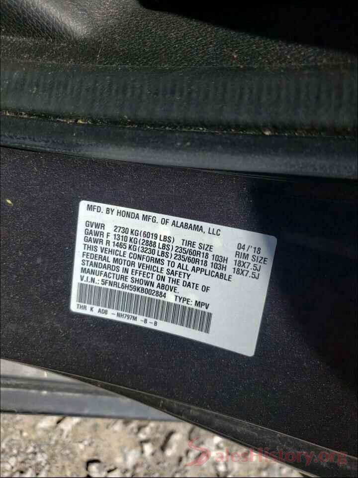 5FNRL6H59KB002884 2019 HONDA ODYSSEY