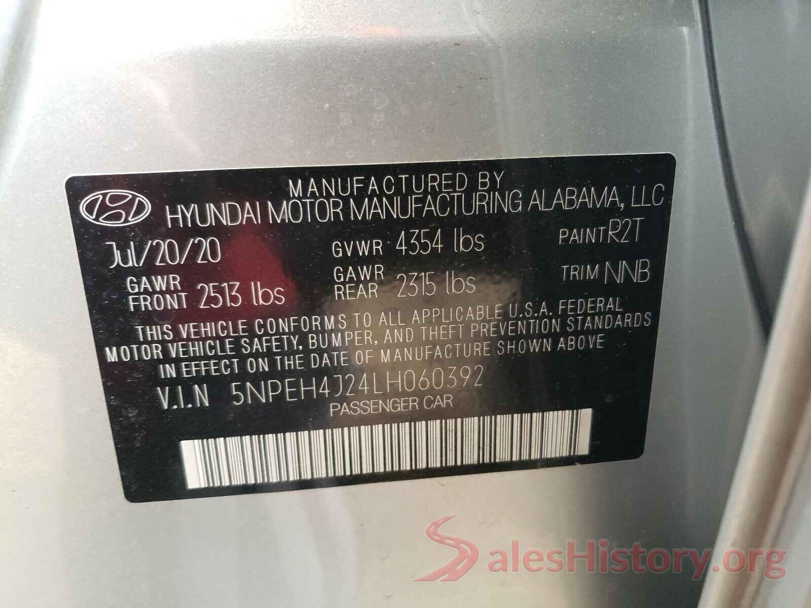 5NPEH4J24LH060392 2020 HYUNDAI SONATA