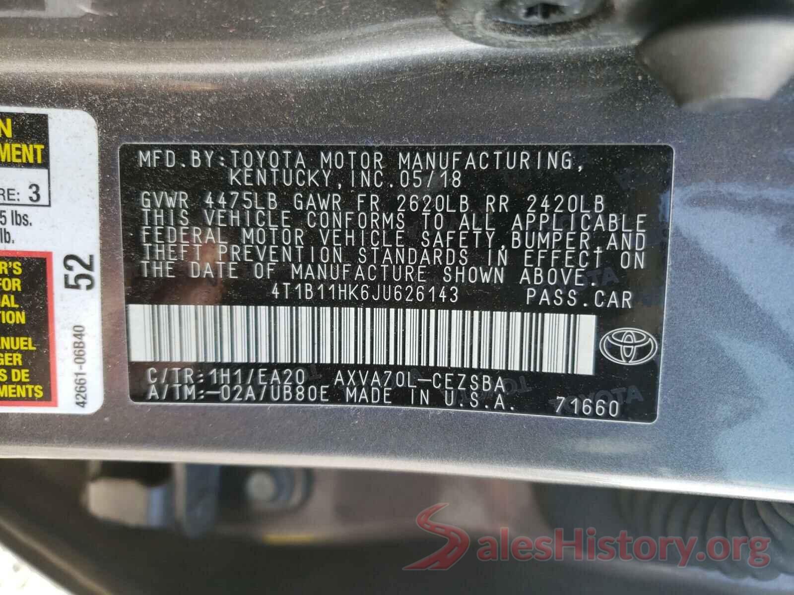 4T1B11HK6JU626143 2018 TOYOTA CAMRY