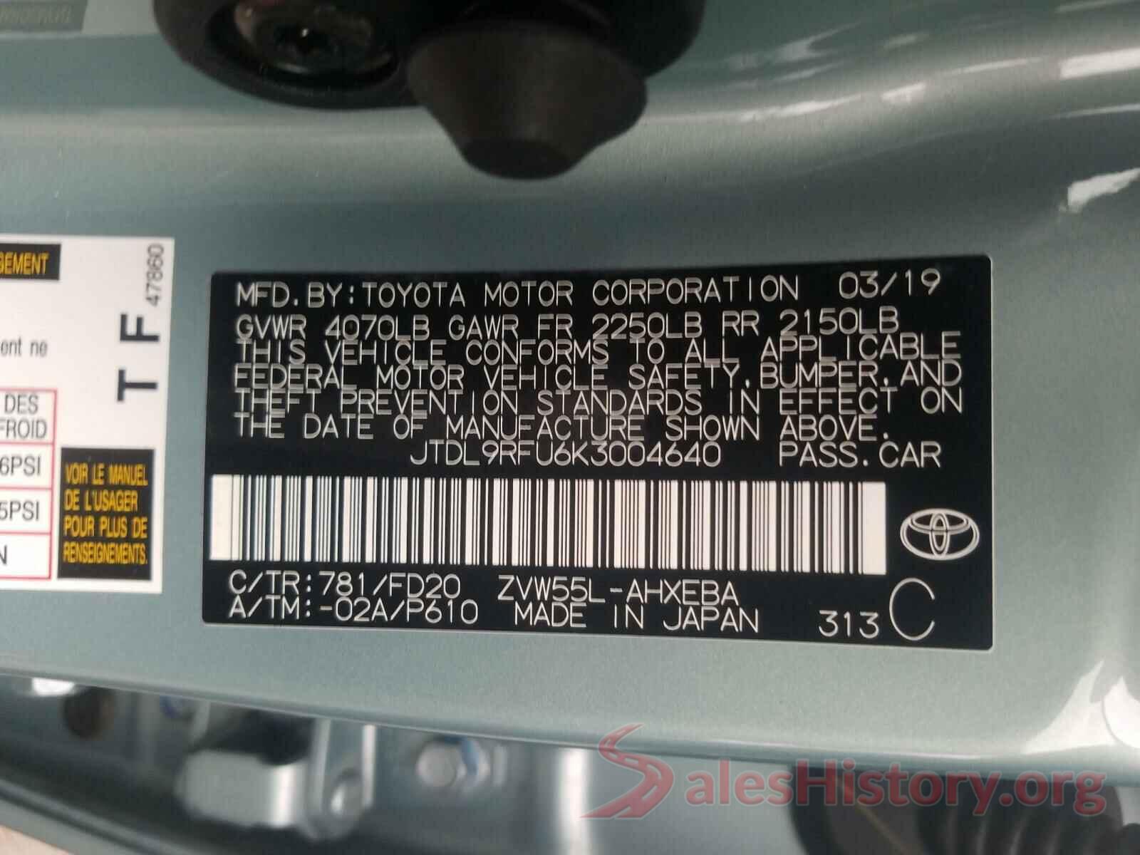 JTDL9RFU6K3004640 2019 TOYOTA PRIUS