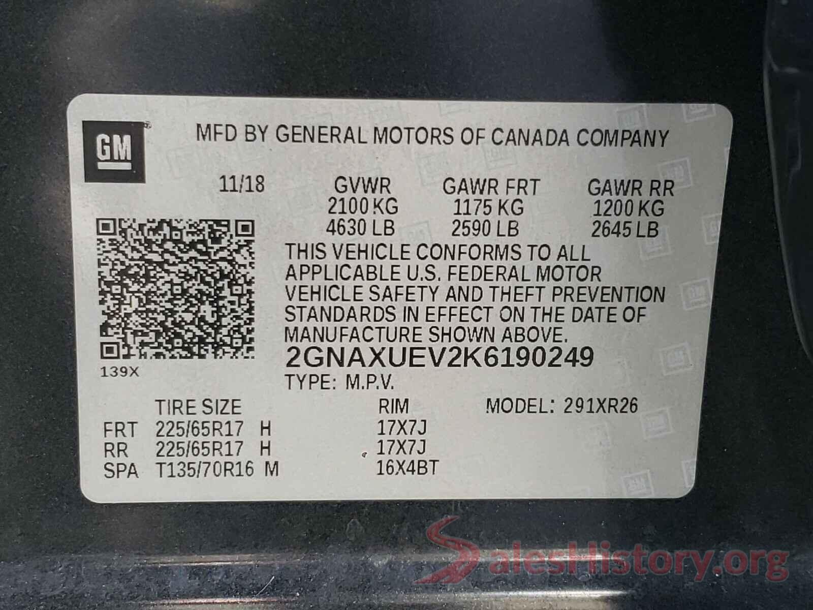 2GNAXUEV2K6190249 2019 CHEVROLET EQUINOX