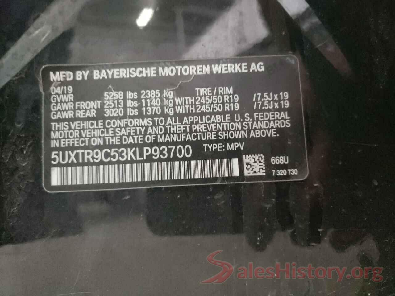 5UXTR9C53KLP93700 2019 BMW X3