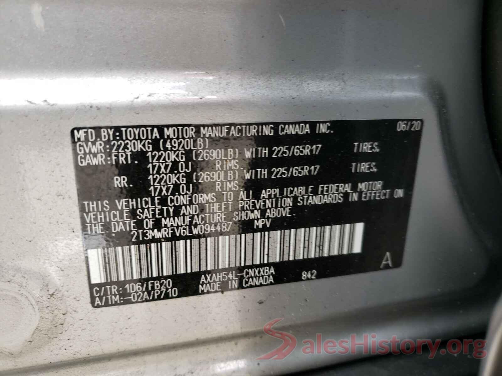 2T3MWRFV6LW094487 2020 TOYOTA RAV4