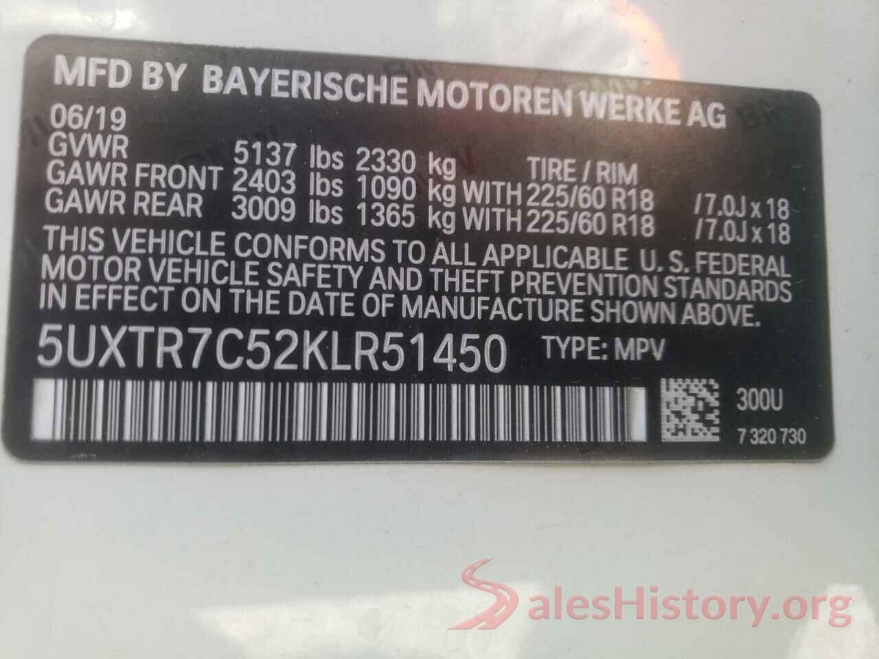 5UXTR7C52KLR51450 2019 BMW X3