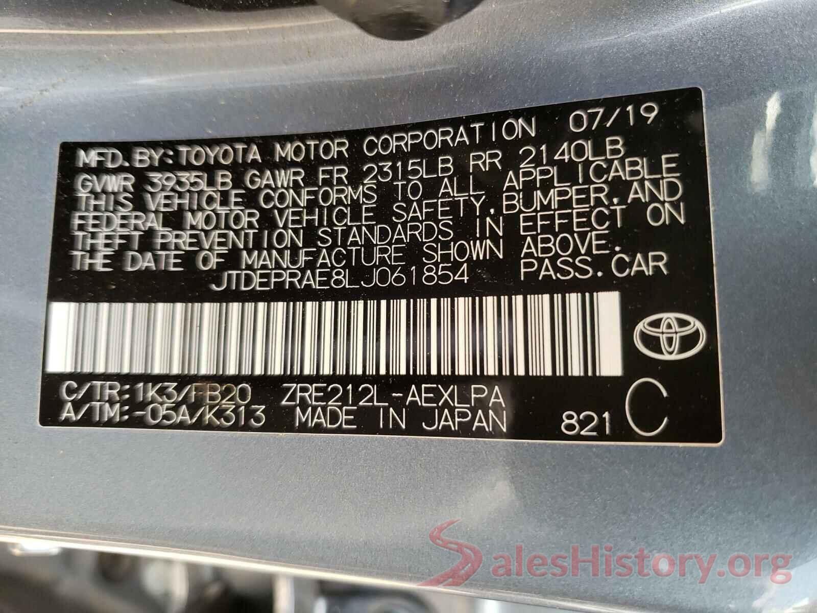 JTDEPRAE8LJ061854 2020 TOYOTA COROLLA