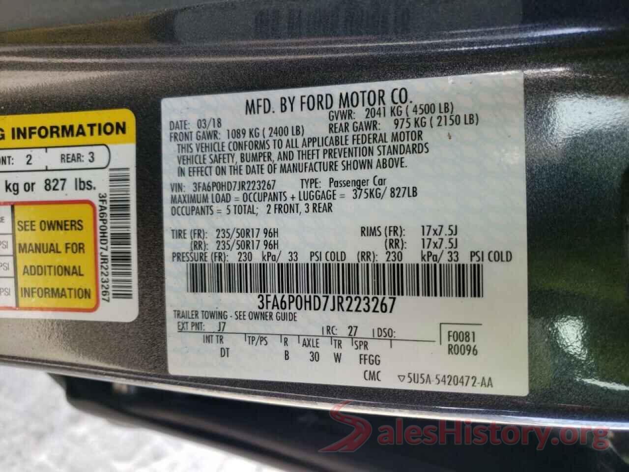 3FA6P0HD7JR223267 2018 FORD FUSION