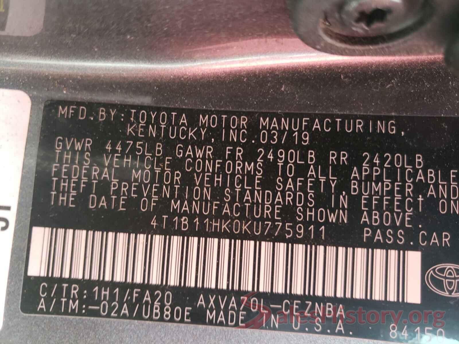 4T1B11HK0KU775911 2019 TOYOTA CAMRY