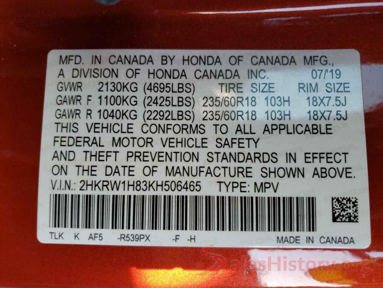 2HKRW1H83KH506465 2019 HONDA CRV