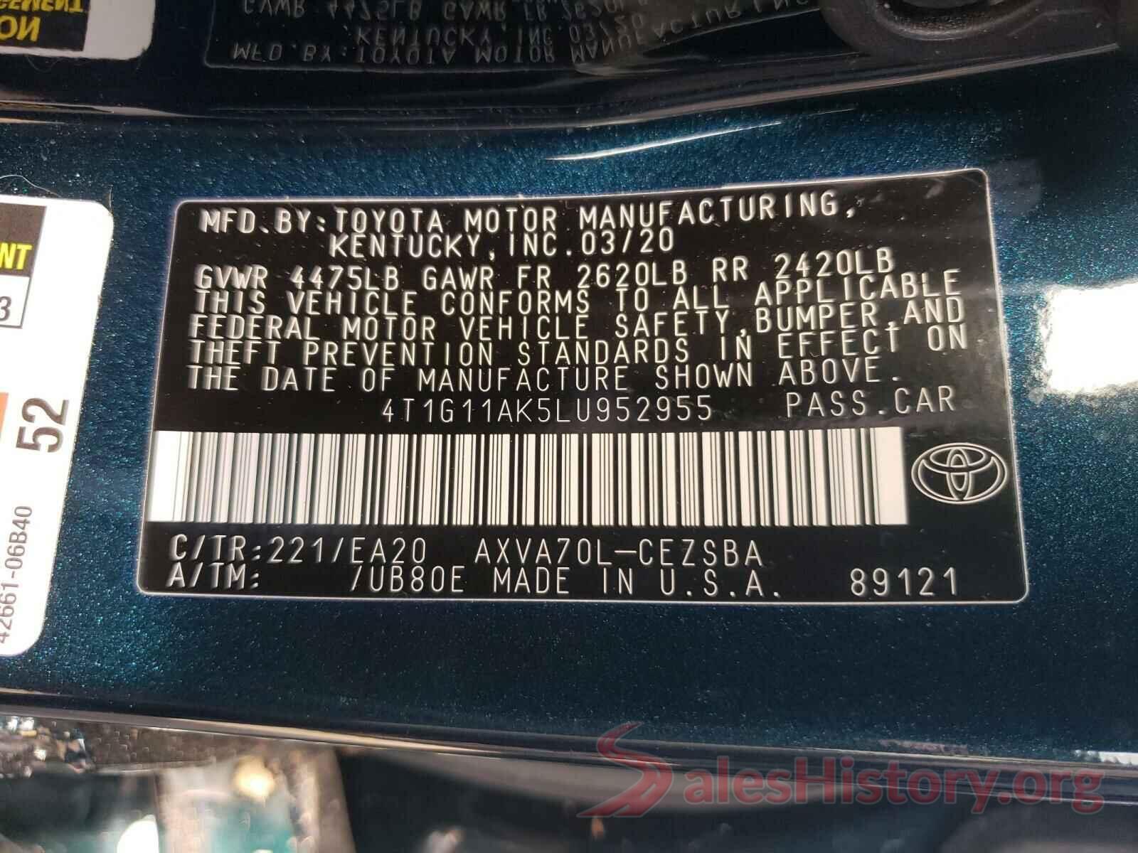 4T1G11AK5LU952955 2020 TOYOTA CAMRY