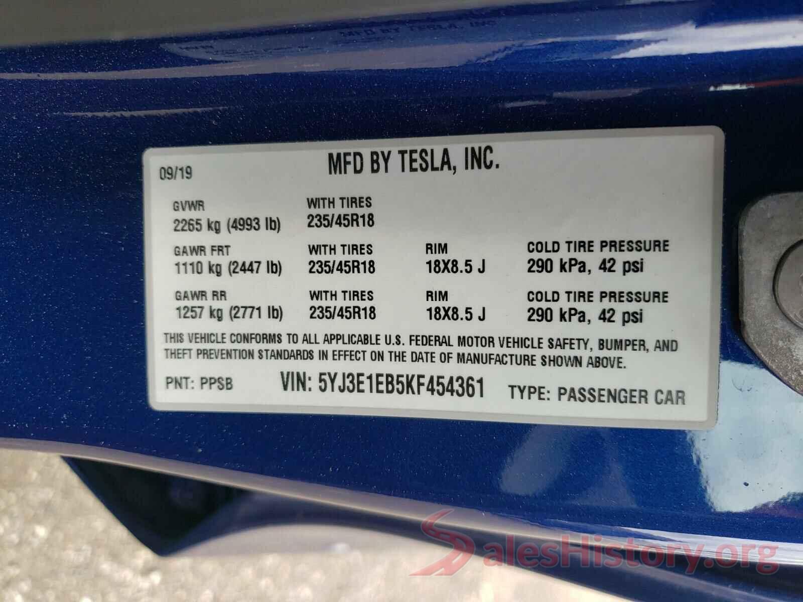 5YJ3E1EB5KF454361 2019 TESLA MODEL 3