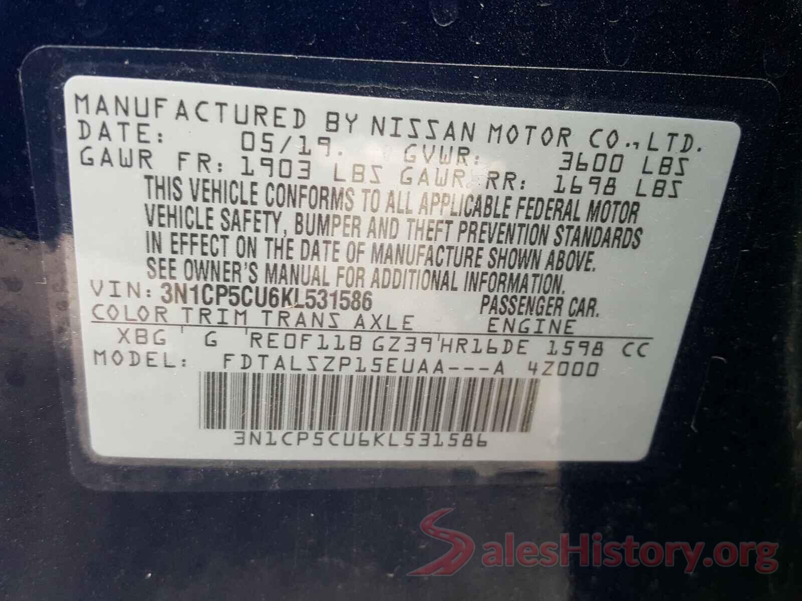 3N1CP5CU6KL531586 2019 NISSAN KICKS