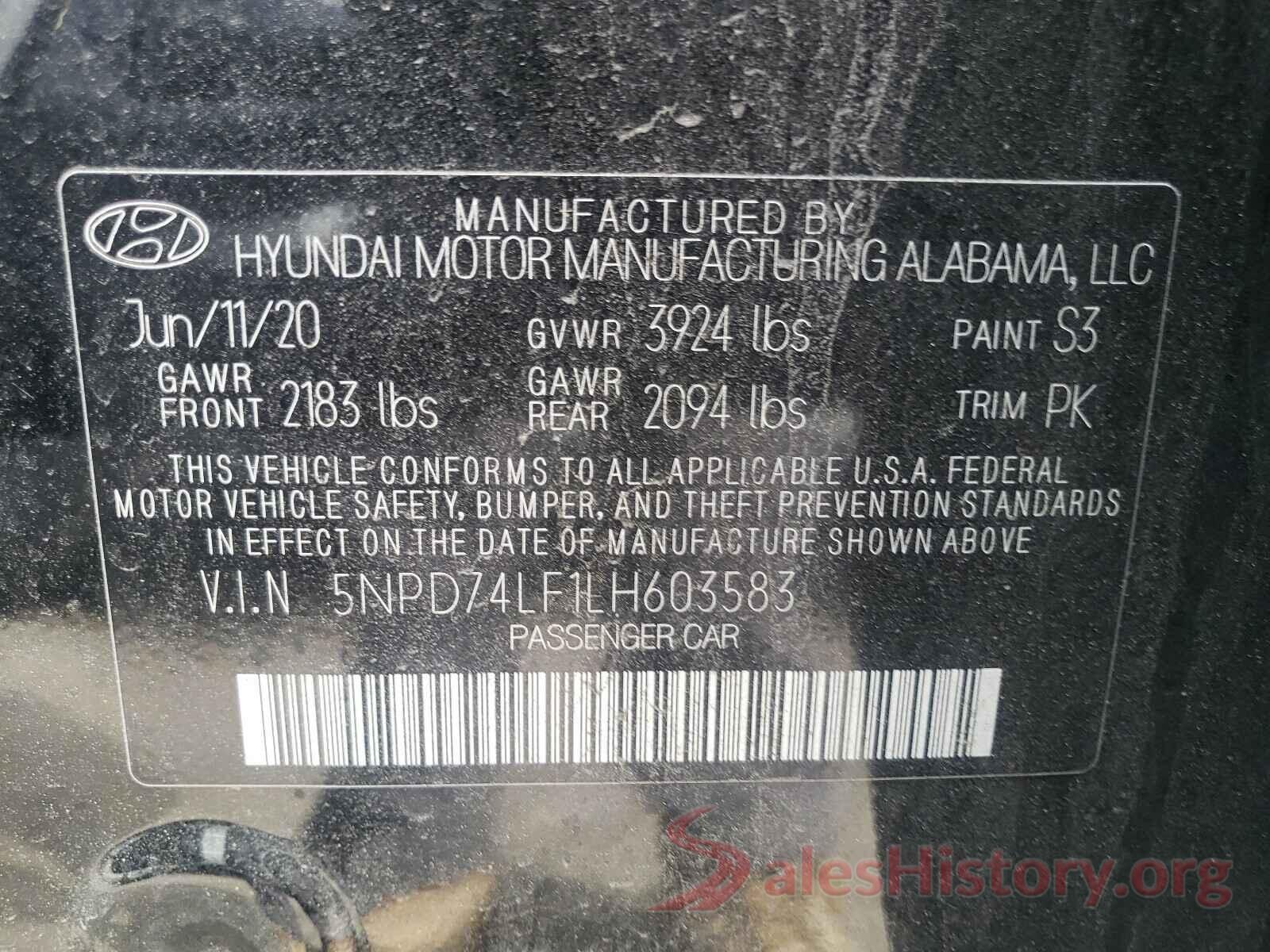 5NPD74LF1LH603583 2020 HYUNDAI ELANTRA