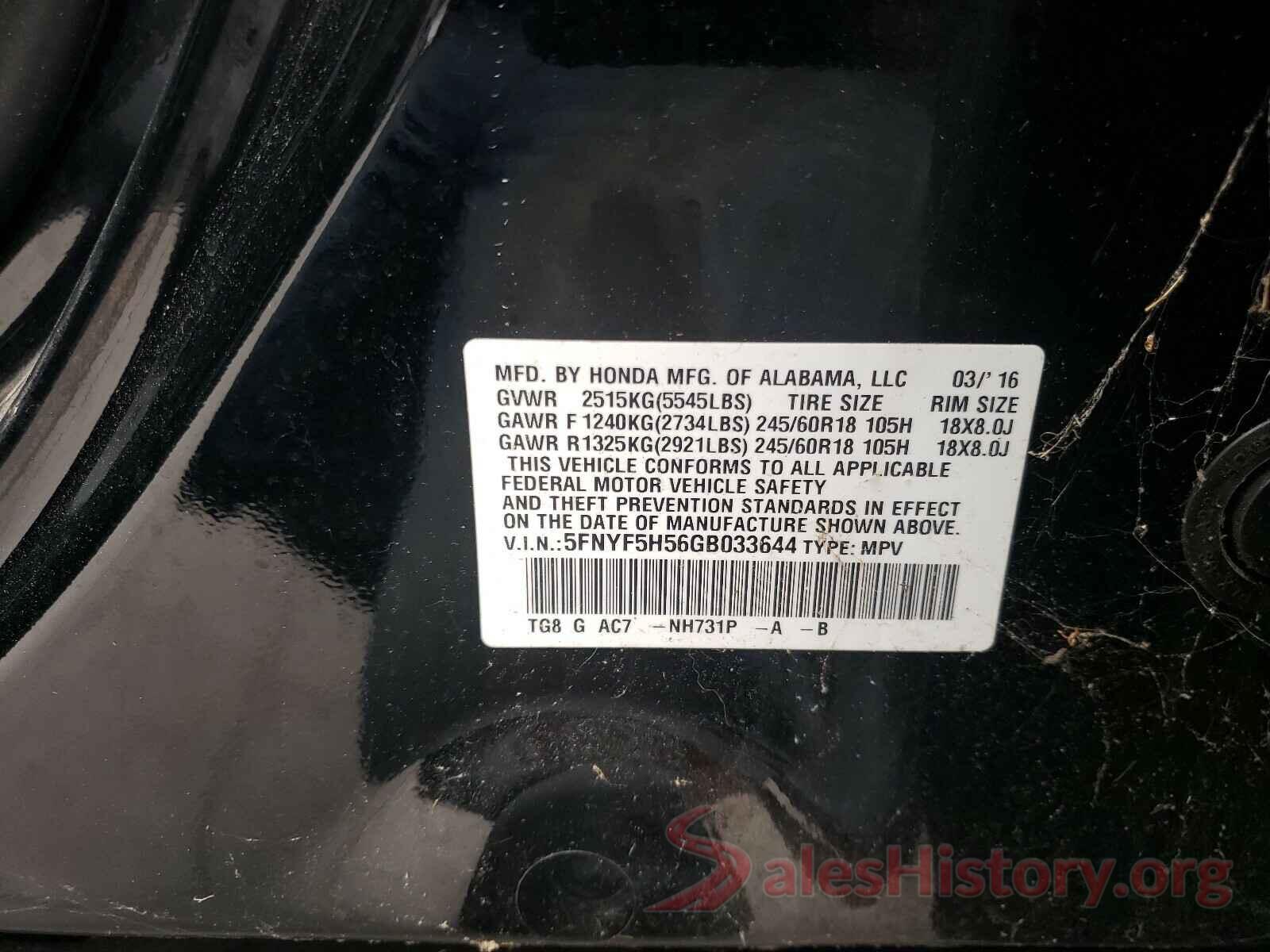 5FNYF5H56GB033644 2016 HONDA PILOT