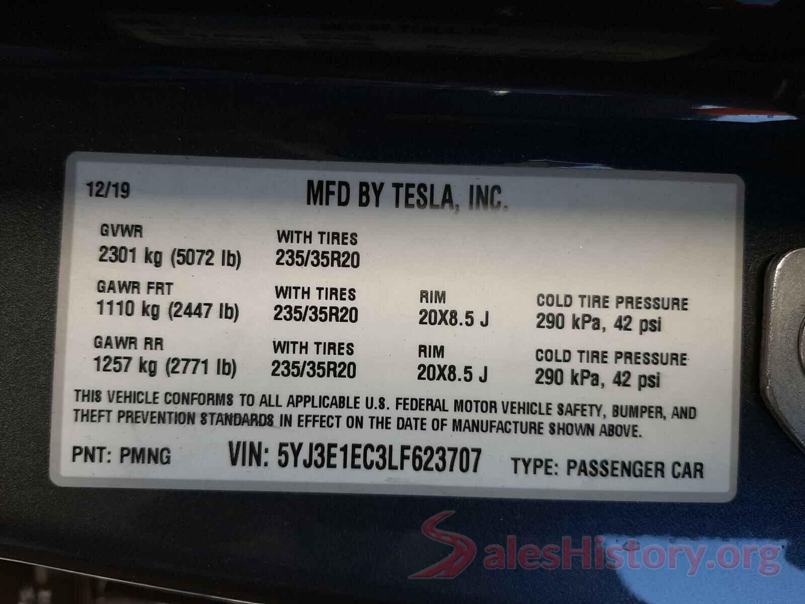 5YJ3E1EC3LF623707 2020 TESLA MODEL 3