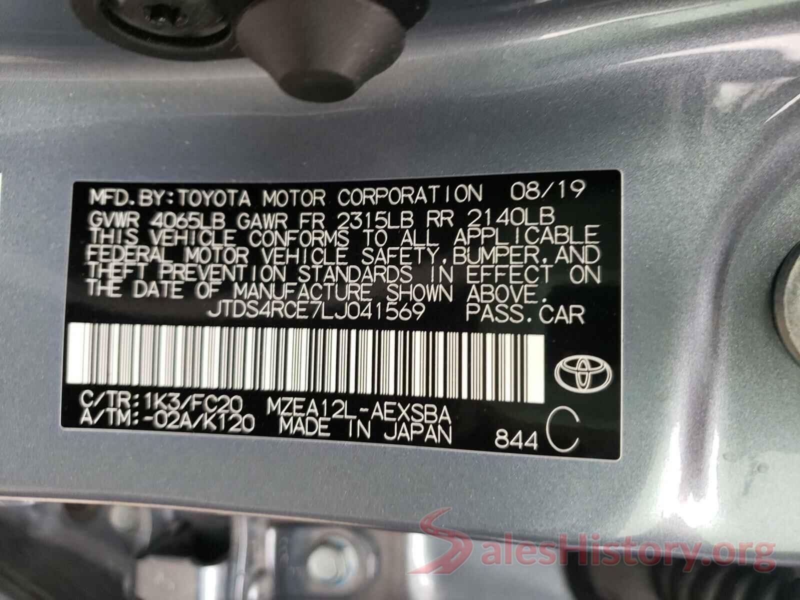 JTDS4RCE7LJ041569 2020 TOYOTA COROLLA