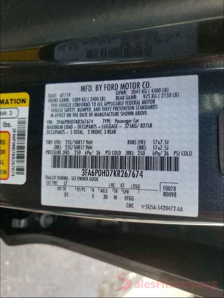 3FA6P0HD7KR267674 2019 FORD FUSION