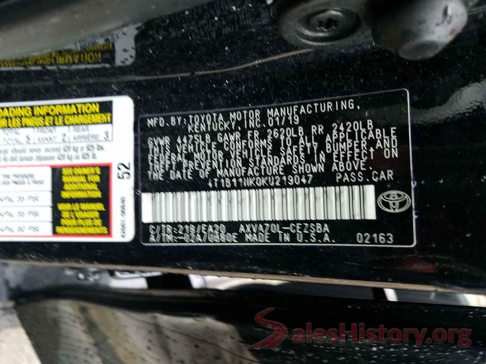 4T1B11HK0KU219047 2019 TOYOTA CAMRY