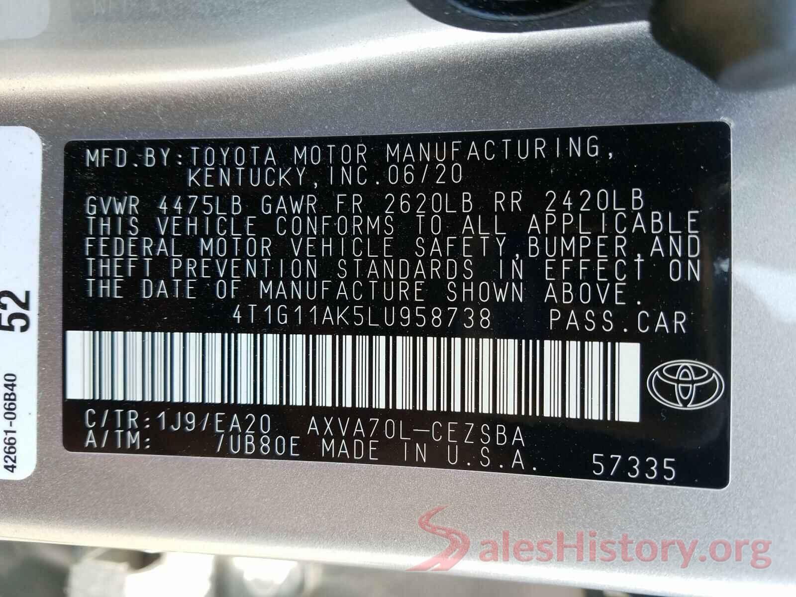 4T1G11AK5LU958738 2020 TOYOTA CAMRY