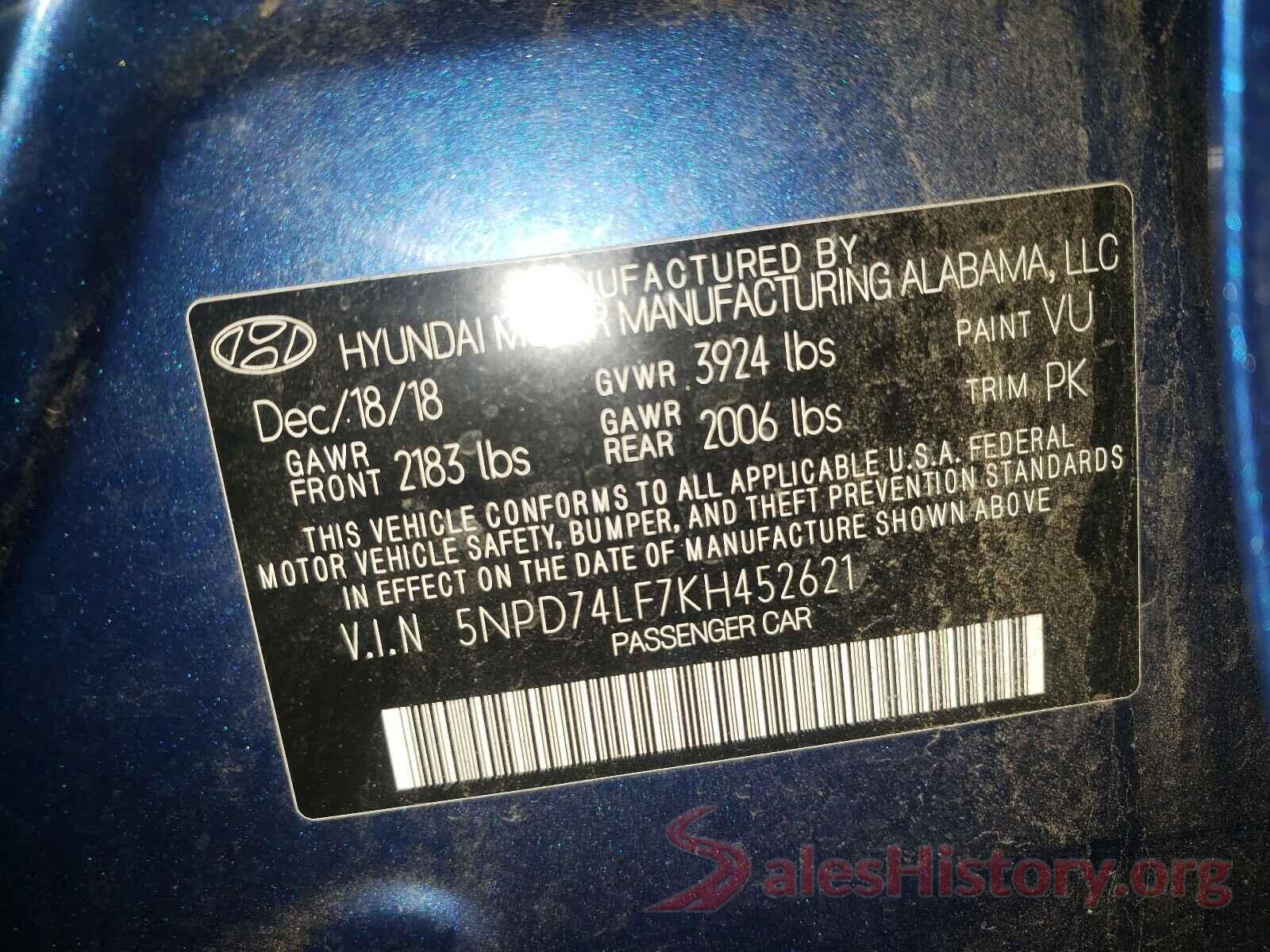 5NPD74LF7KH452621 2019 HYUNDAI ELANTRA