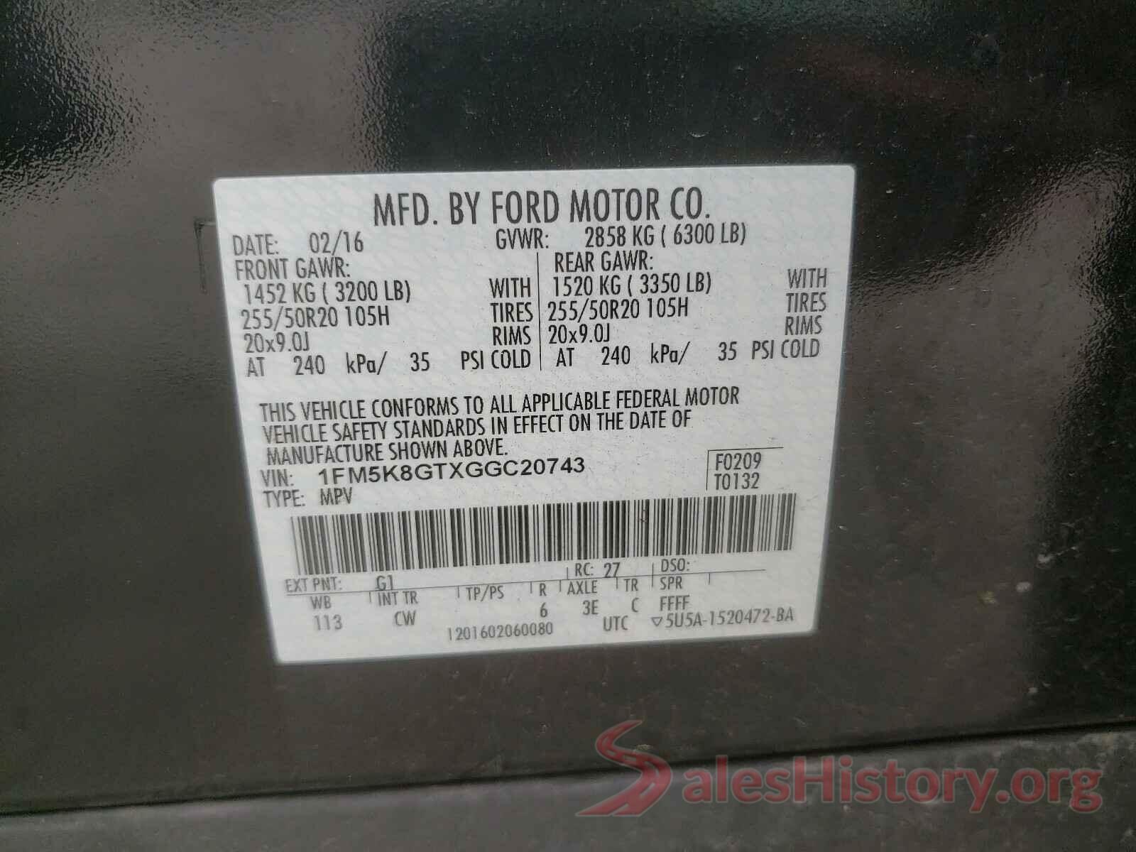 1FM5K8GTXGGC20743 2016 FORD EXPLORER