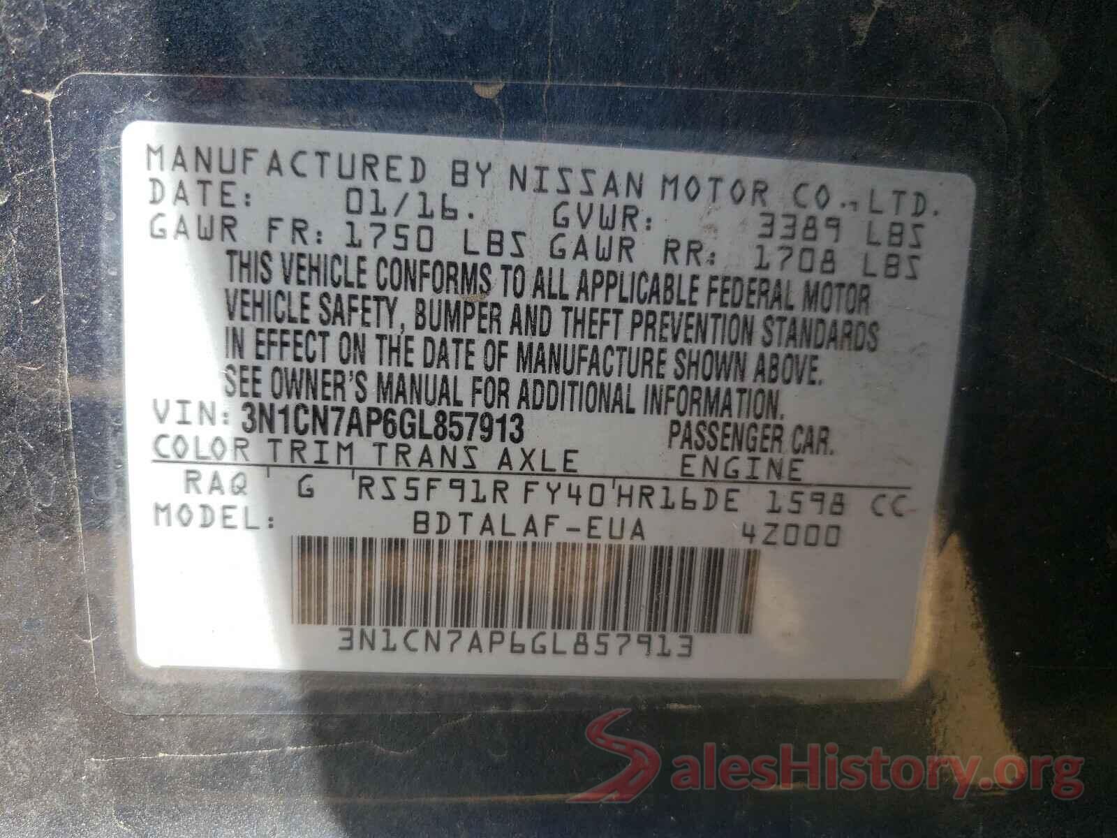 3N1CN7AP6GL857913 2016 NISSAN VERSA