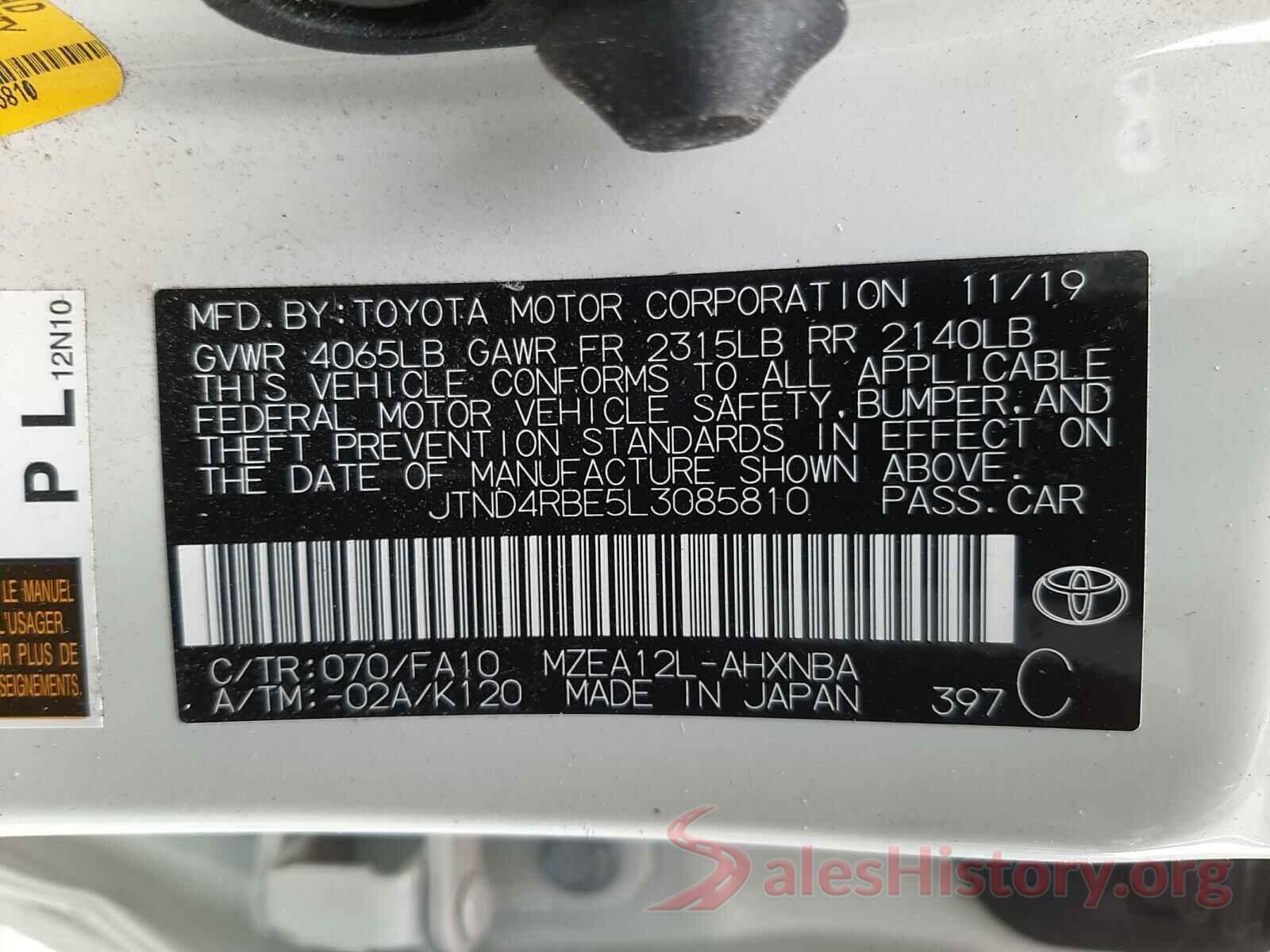 JTND4RBE5L3085810 2020 TOYOTA COROLLA