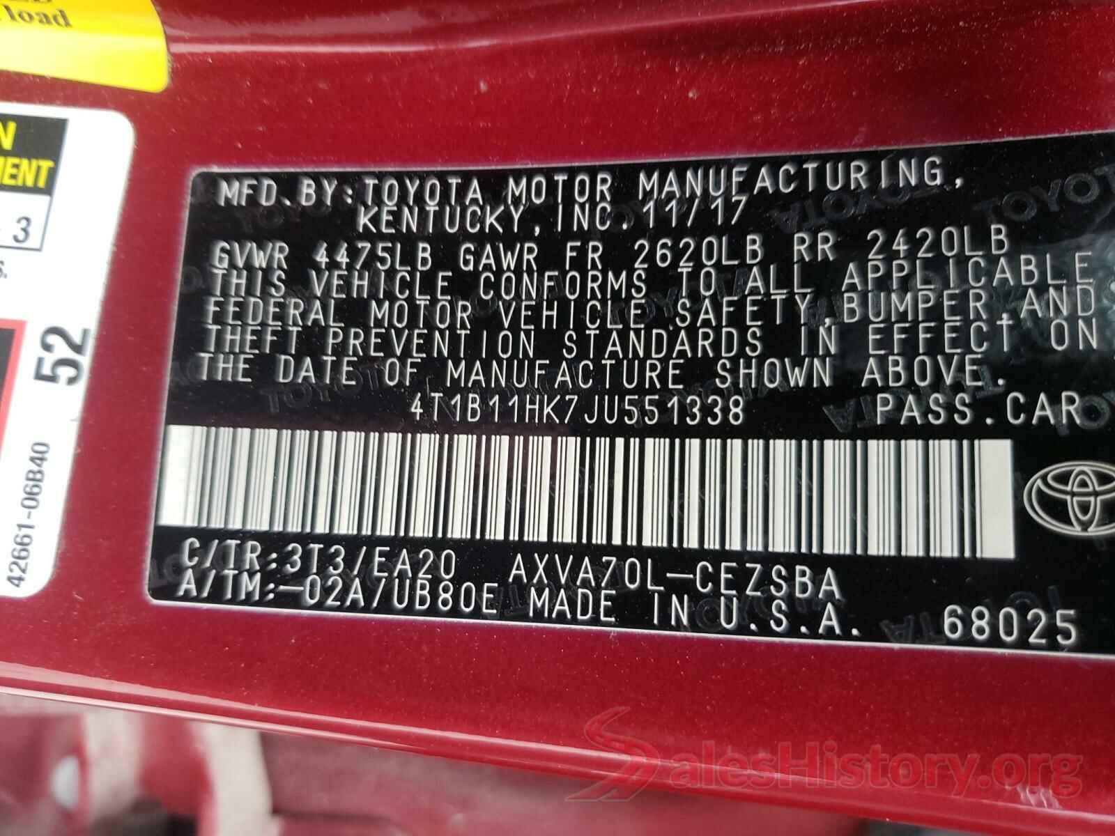 4T1B11HK7JU551338 2018 TOYOTA CAMRY