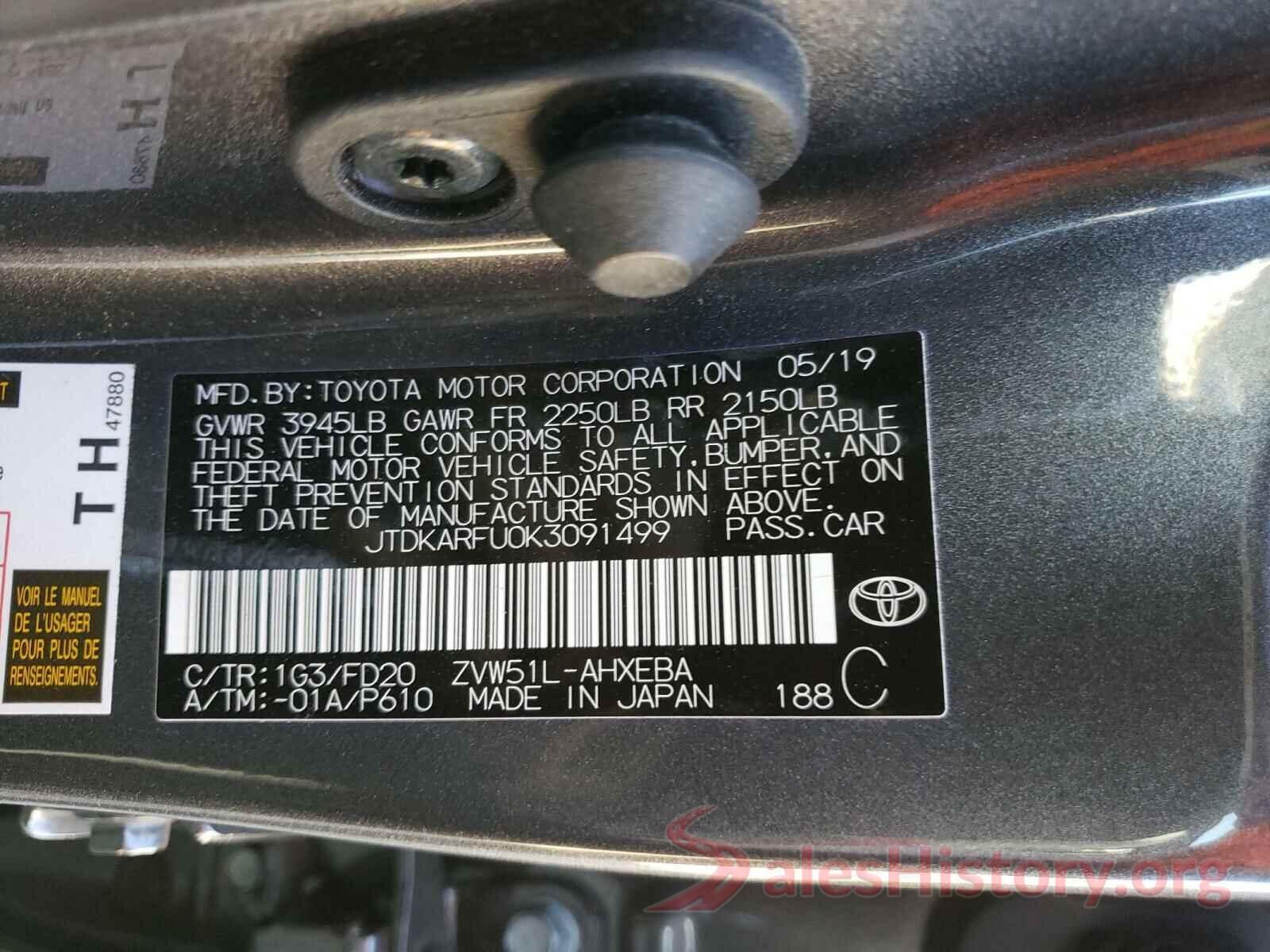 JTDKARFU0K3091499 2019 TOYOTA PRIUS